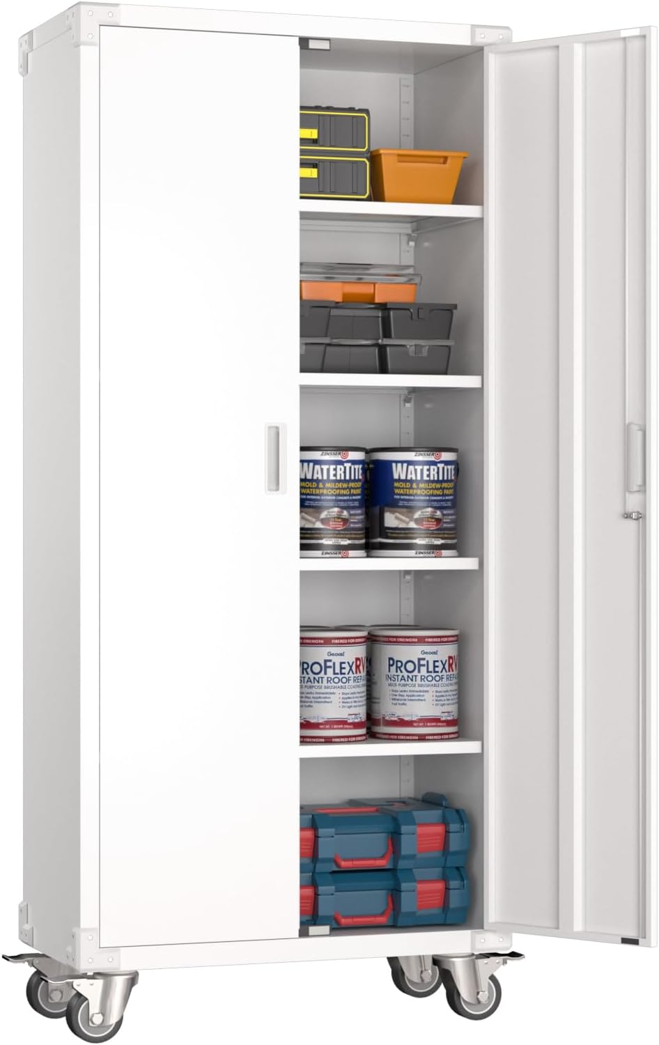 Aobabo Metal Storage Cabinet with Wheels & Pegboards,Office Storage Cabinet with Lock & Shelves,72'' H Steel Garage Cabinet for Office Home Storage,White Required-Assembly