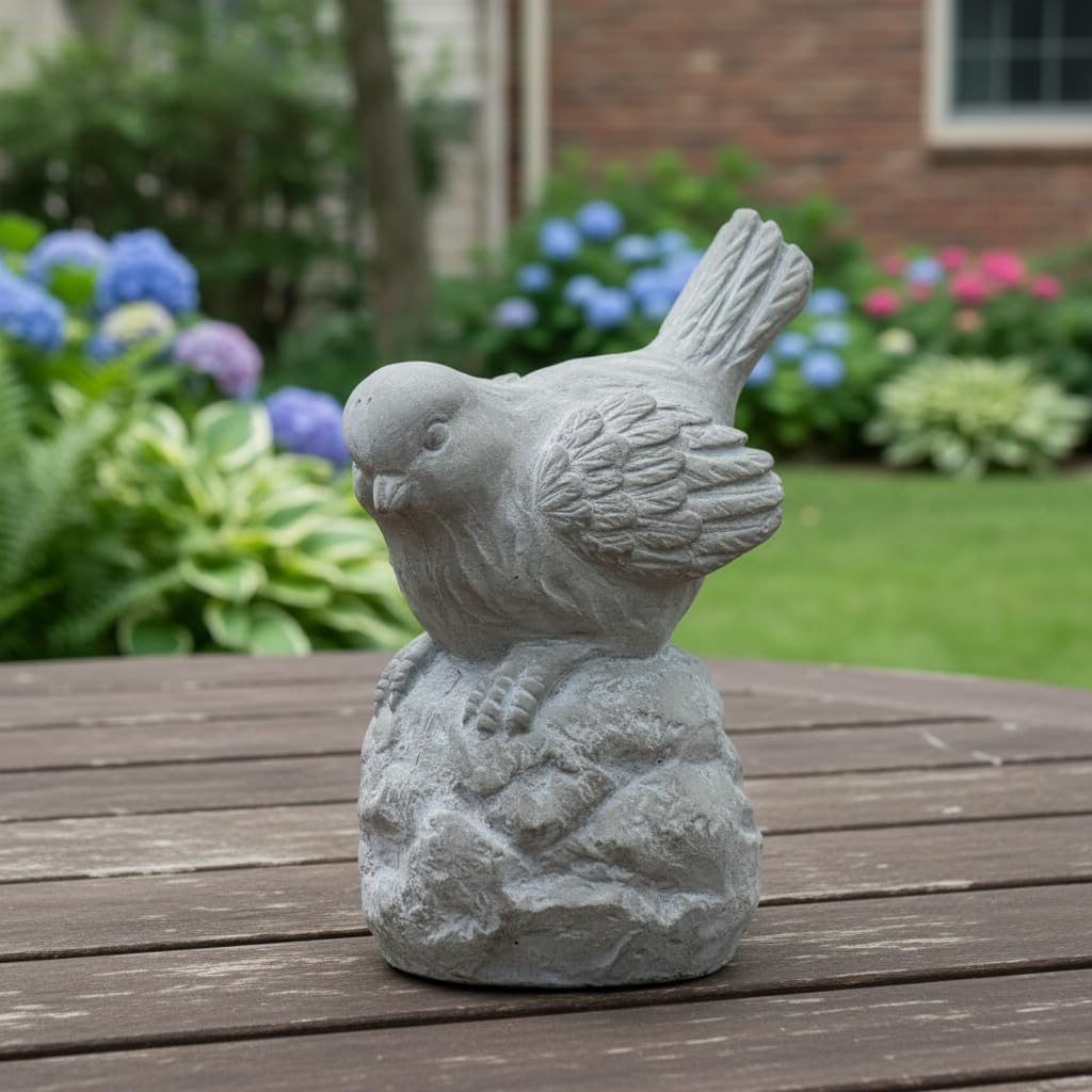 Cement Sitting Bird Figurine with Head Downward on Base, Gray