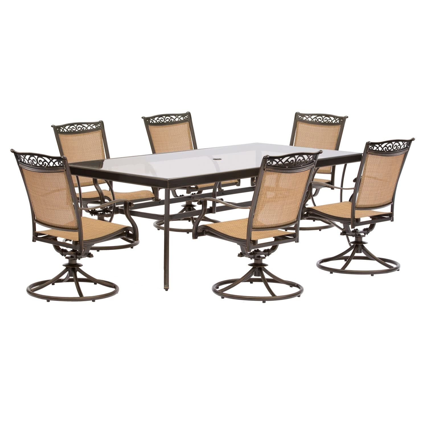Hanover Fontana 7-Piece Outdoor Dining Set with 2 Sling Swivel Rockers, 4 Sling Chairs, and a 38-In. x 72-In. Cast-Top Table