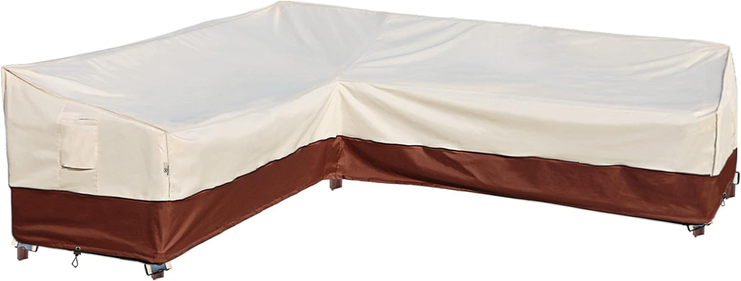 Outdoor Sectional Cover-V-Shaped Garden Patio Furniture Covers Waterproof Rip-Stop Anti-UV 600D Heavy Duty Outdoor Couch Cover with 3 Air Vents Sofa Cover 85''L 33.5''D 31''H,Beige & Reddish Brown
