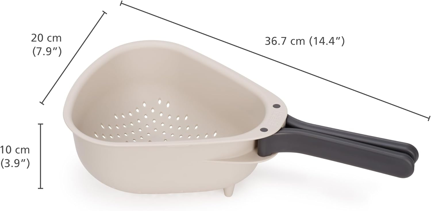 Compact Beige and Black Plastic Colander with Folding Handles