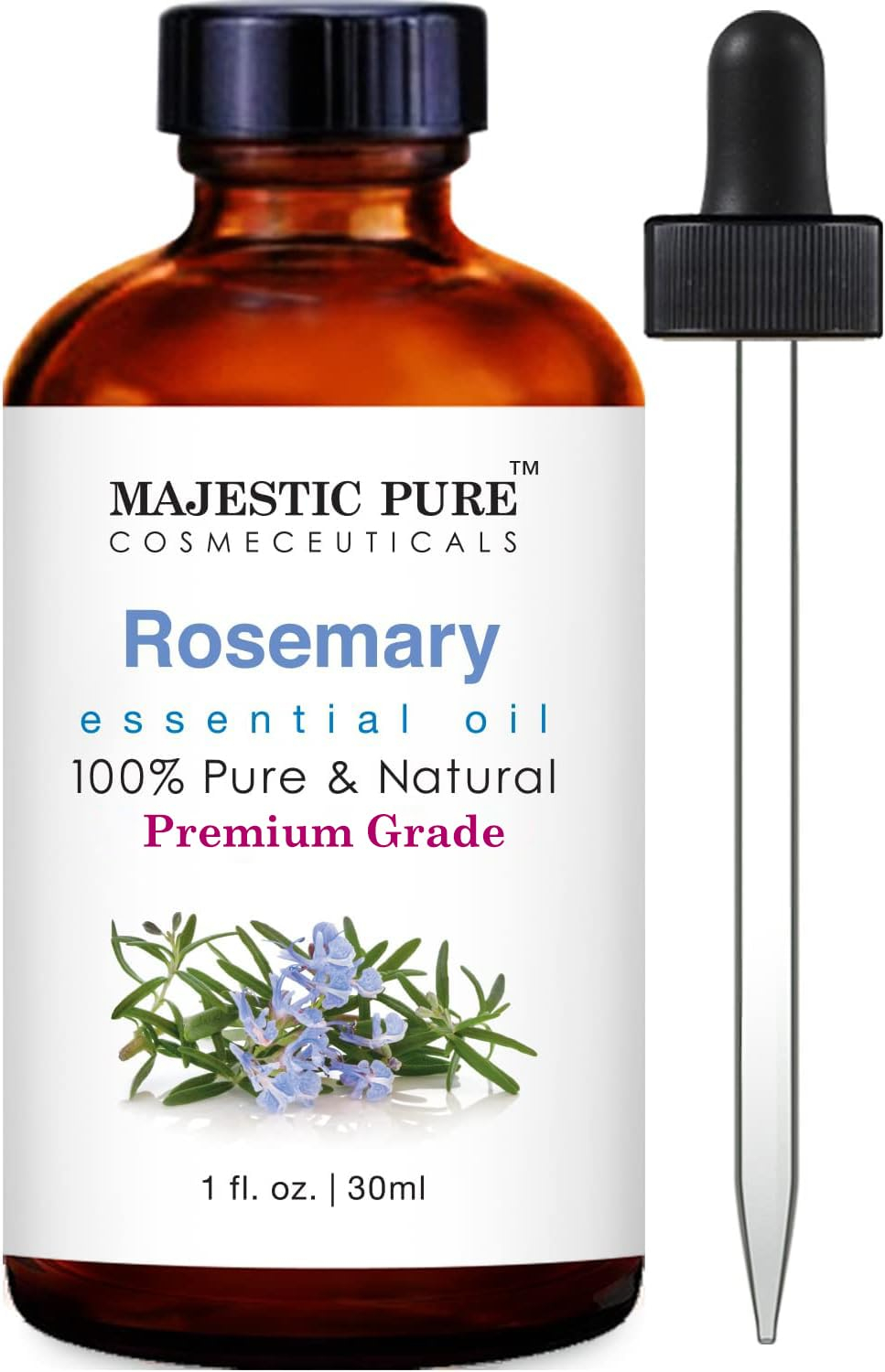 Majestic Pure Rosemary Essential Oil with Glass Dropper - 1 Fl Oz - 100% Pure and Natural Rosemary Oil - Premium Grade Essential Oils for Diffuser, Aromatherapy, Soap and Candle Making