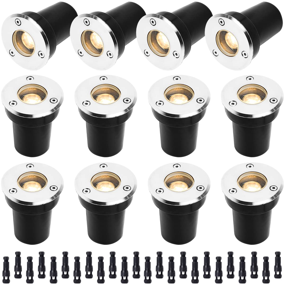 EAGLOD LED Low Voltage Landscape Lights With Connectors 1W Well Lights, 12V-24V In-Ground IP67 Waterproof 3000K Soft Warm White 100 Lumen for Up Lighting Garden Plant, Driveway (12 Pack)