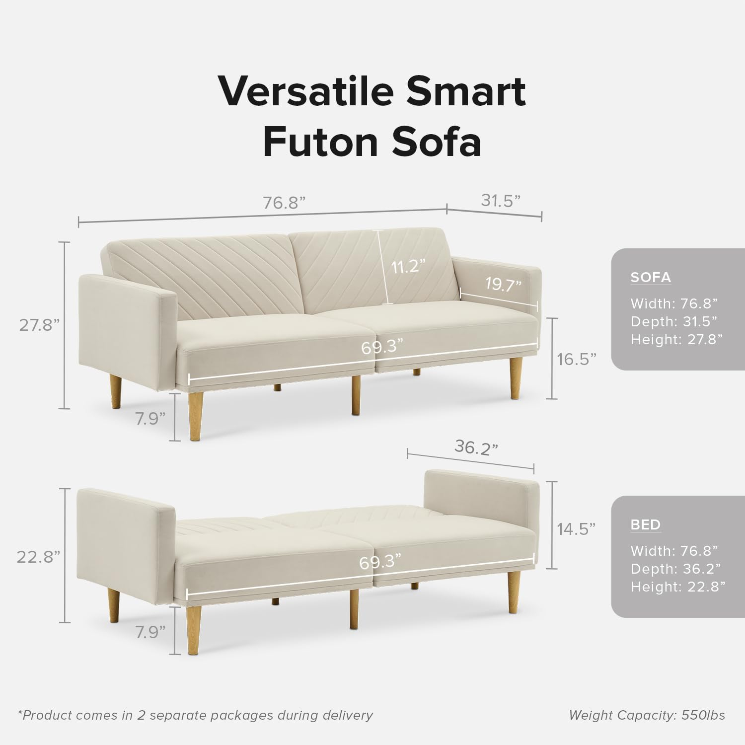 Mopio Chloe Futon Sofa Bed, Limited Edition Snow Velvet Sleeper Sofa with Tapered Legs. 77.5"