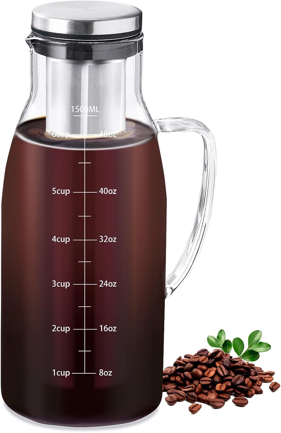 Cold Brew Coffee Maker 1.5L/51oz – Borosilicate Glass Pitcher with Stainless Steel Filter & Lid, Airtight BPA-Free Cold Brew Carafe for Iced Coffee or Tea, Dishwasher Safe & Fridge Friendly