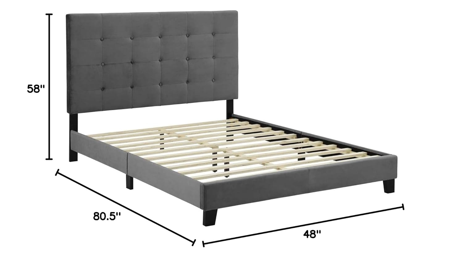 Contemporary Modern Urban Designer Bedroom Full Size Platform Bed Frame, Velvet Fabric, Grey Gray