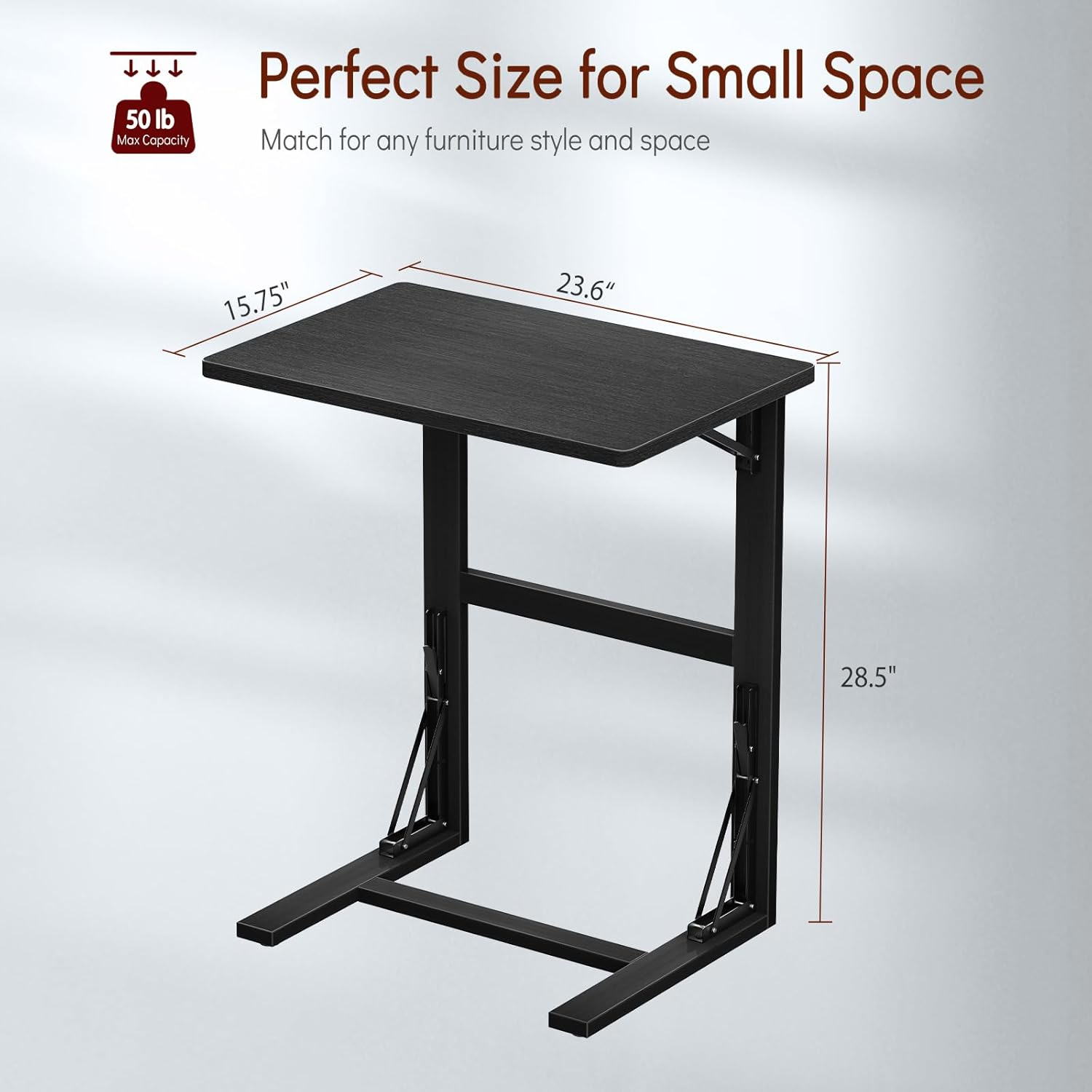24'' Wide Folding C Shaped End Table, Small Sofa Side Laptop Desk, Couch TV Tray Table for Living Room, Bedroom, Bamboo, Black