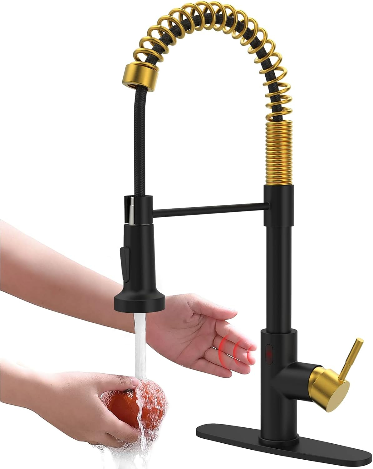 GIMILI Black and Gold Touchless Kitchen Faucet with Pull Down Sprayer Motion Sensor Smart Hands-Free Activated Single Hole Spring Faucet for Kitchen Sink