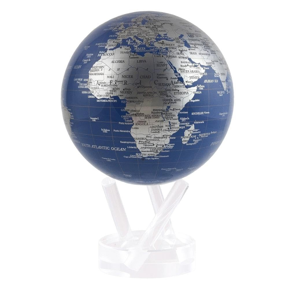 MOVA – Blue and Silver 4.5” Rotating Earth Sphere | Solar-Powered Desktop Decor for Offices, Study, or Gifting | No Batteries or Cords Needed