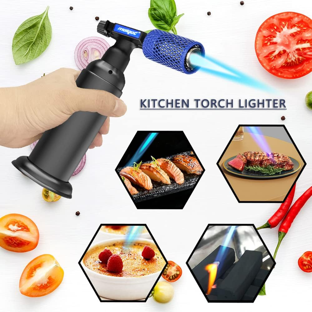 Butane Torch with Anti-scalding Device,Stainless Steel Protective Cover,Refillable Kitchen Torch Lighter,Adjustable Flame Guard. (Butane Gas Not Included,Blue)