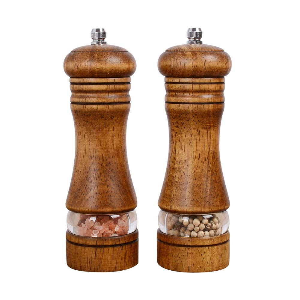 Haomacro Wood Salt and Pepper Grinder Set, Manual Mills with Acrylic Window, Adjustable Ceramic Grinding - 6.5inch, 2 Pack 6.5inch brown