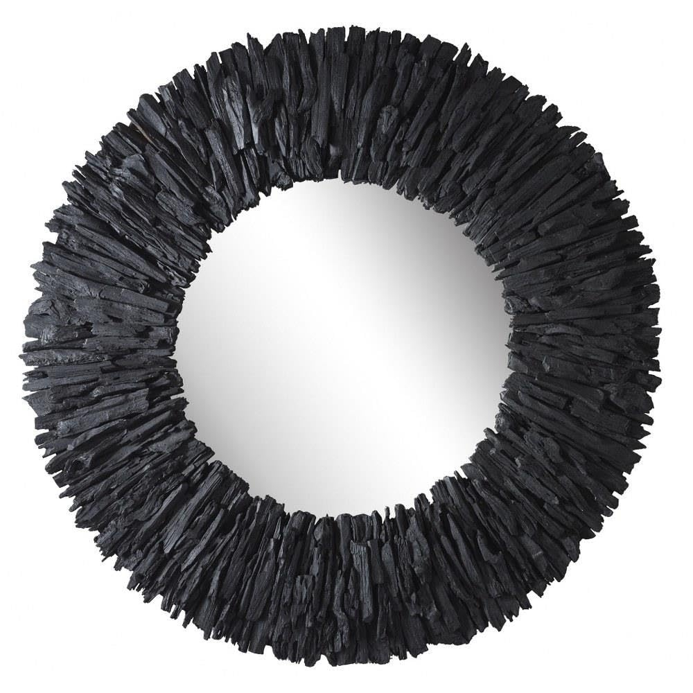 Black Teak Branch Round Wood Mirror, 39 Inches