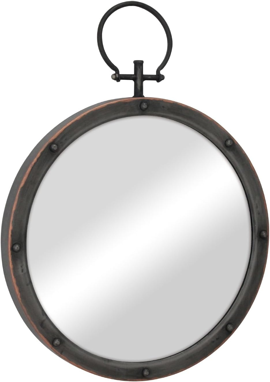 Stonebriar Round Rustic Bronze Metal Mirror with Rivet Detail & Hanging Ring for Wall, Industrial Home Décor, 21.1" x 15.7"