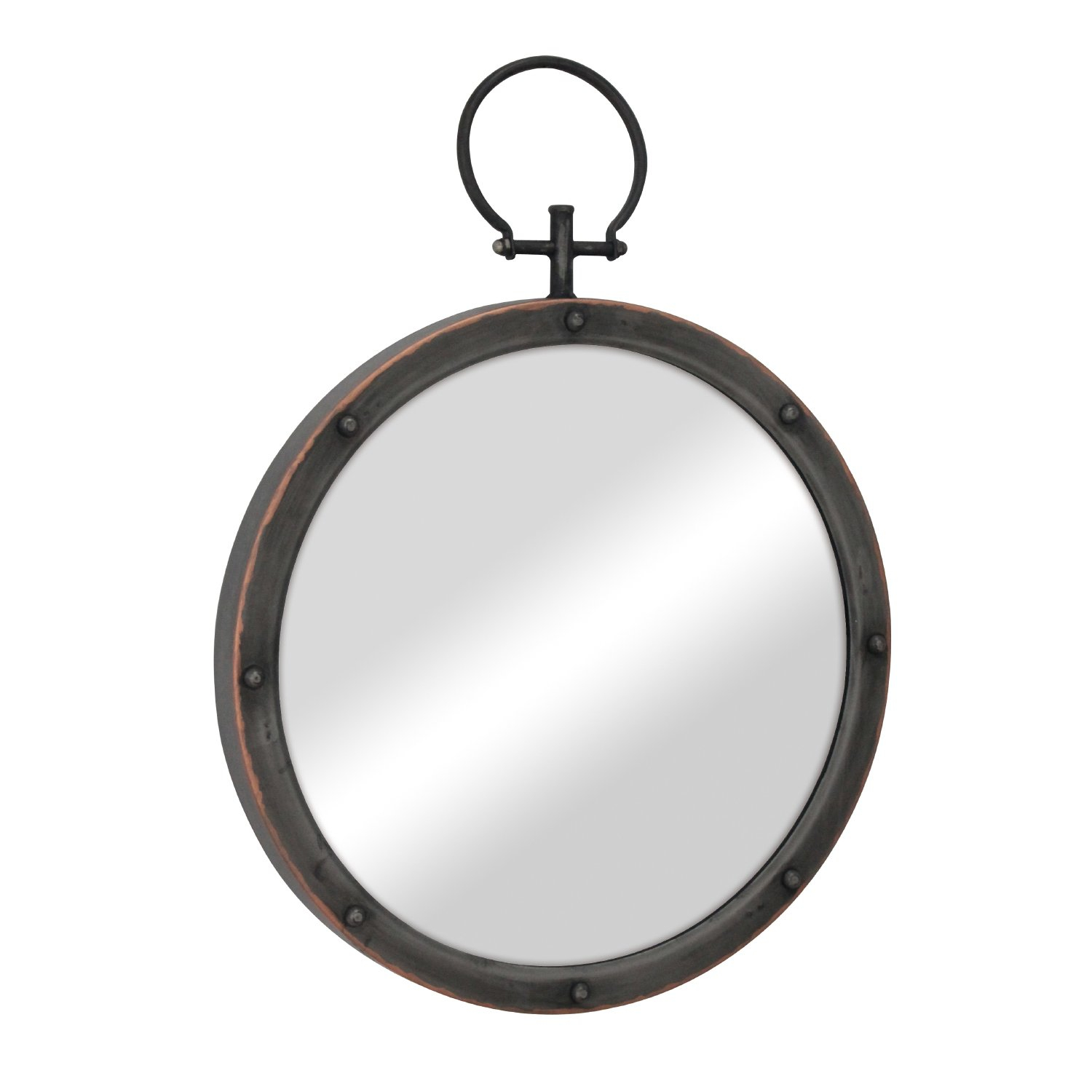 Rustic Bronze Round Wall Mirror with Rivet Detail and Hanging Loop
