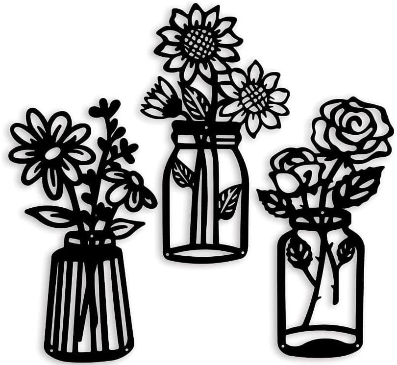 3 Pieces Black Metal Flowers Wall Decor Vase Art Sculptures Hanging for Indoor Kitchen Bathroom Dining Room Patio, 14.56x7.48 Inches