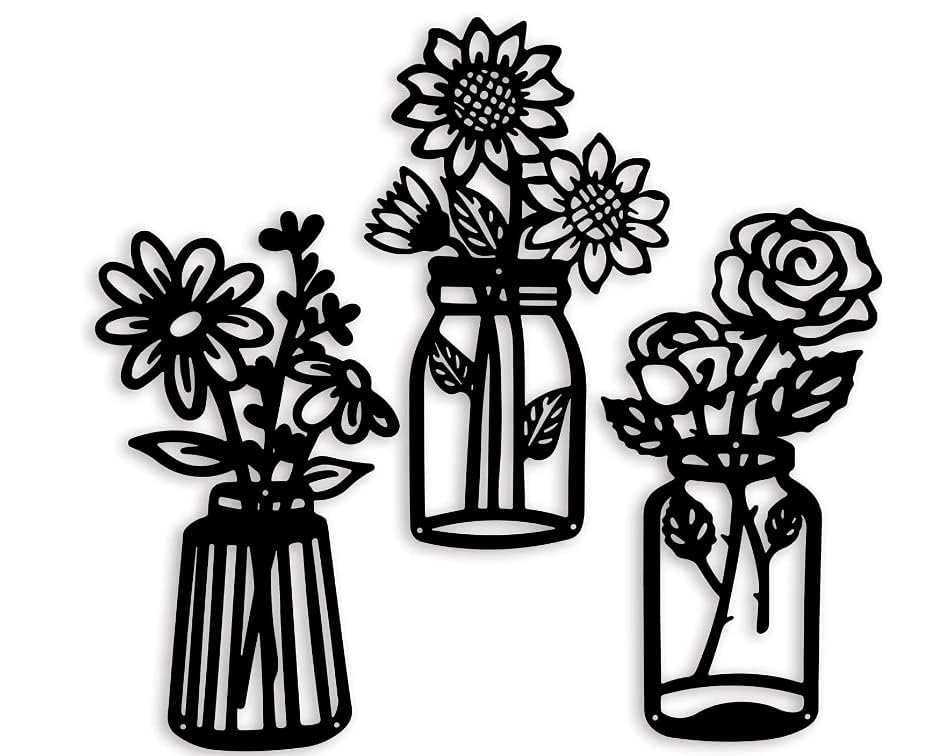 3 Pieces Black Metal Flowers Wall Decor Vase Art Sculptures Hanging for Indoor Kitchen Bathroom Dining Room Patio, 14.56x7.48 Inches