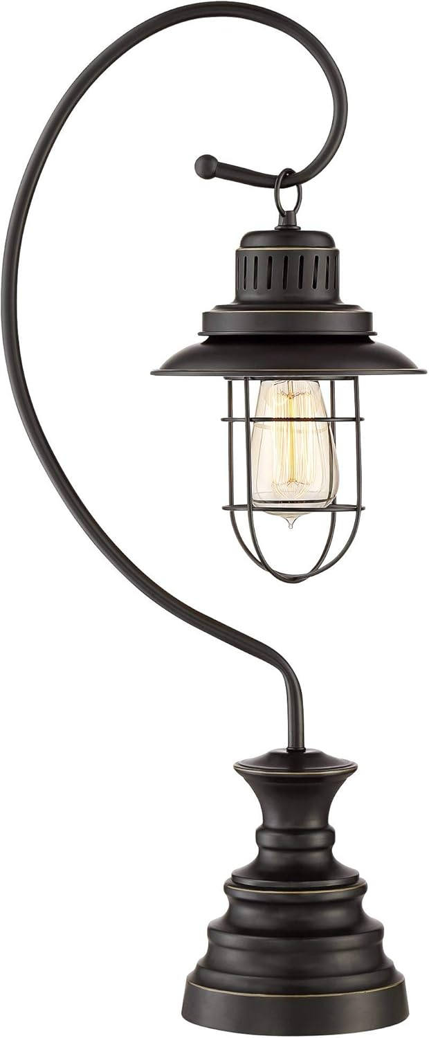Edison Bronze 30'' Industrial Desk Lantern Lamp with Metal Cage Shade