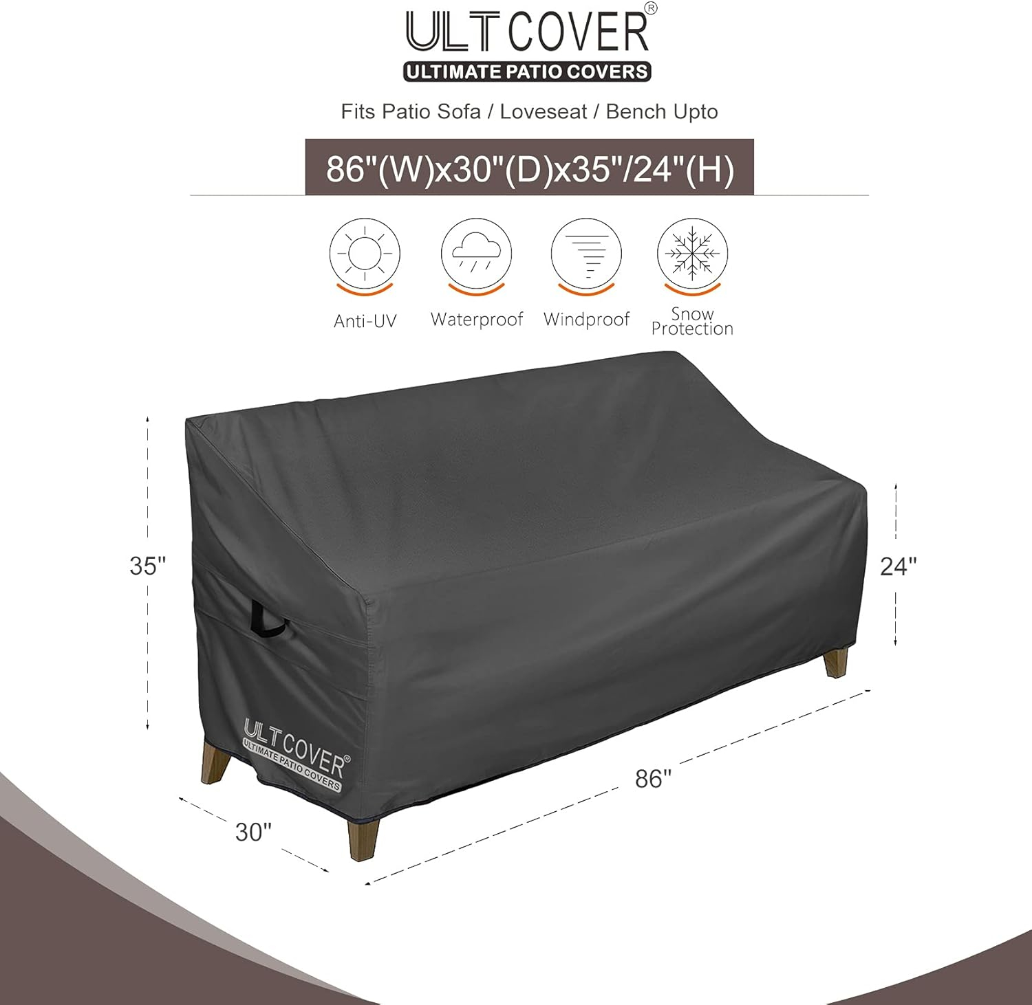 ULTCOVER Waterproof Outdoor Sofa Cover - Heavy Duty Patio Bench Covers 86W x 30D x 35H inch, Black