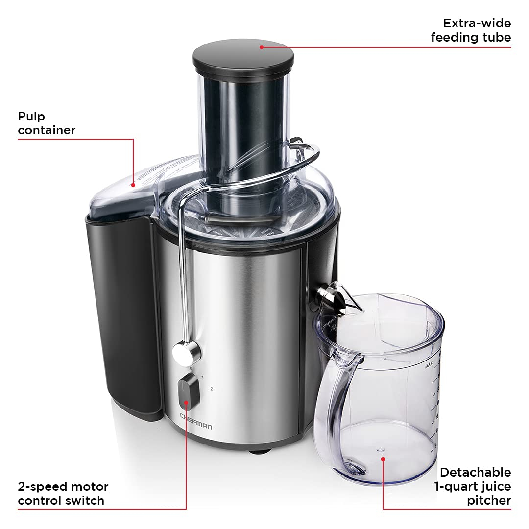 Chefman Stainless Steel Dual-Speed Electric Juicer with Extra-Wide Feeding Tube