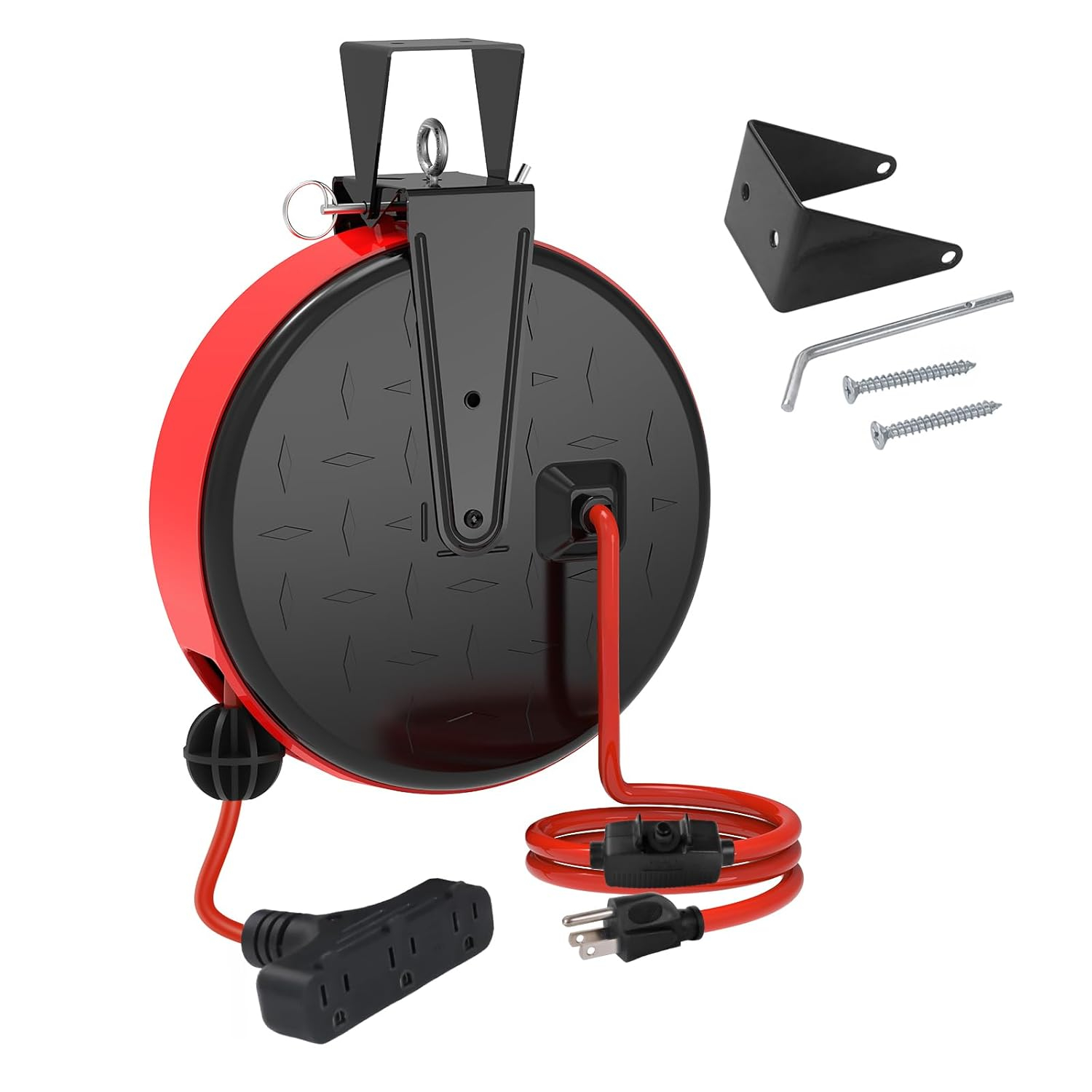 EP 30 Ft Retractable Extension Cord Reel, 16/3 SJTW Power Cord with 3 Electrical Outlets, Ceiling or Wall Mount, 10 Amp Circuit Breaker, Metal Plate, UL Listed, Red