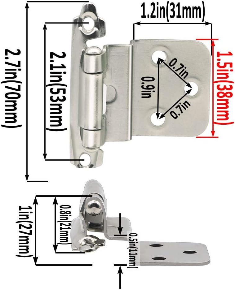 3/8 inch Offset Inset Cabinet Hinges, Self Closing Inset Satin Nickel Kitchen Door Cabinet Hinges, 8 Pack