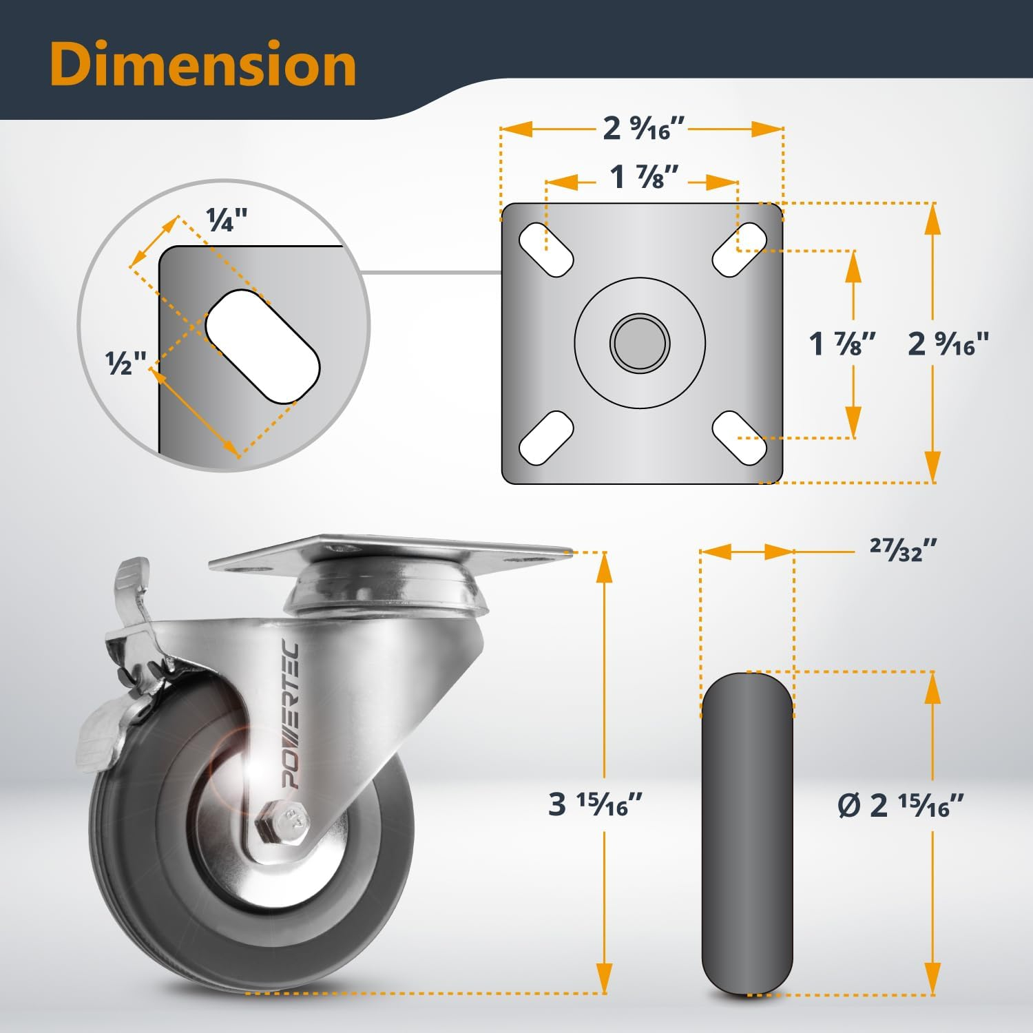 POWERTEC 4PK 3 Inch Heavy Duty Dual Locking Swivel Plate Caster Wheels with 640 lbs Total Loads, Industrial Castor Wheels for Workbench, Dolly, Cart & Furniture (17023-P4)