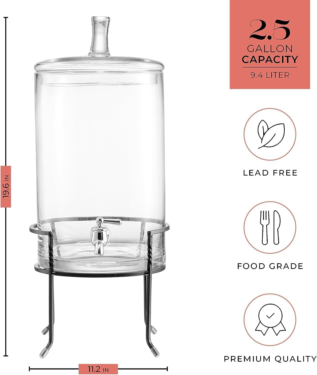 Clear Glass Beverage Dispenser with Metal Stand and Lid, 2.5 Gallons
