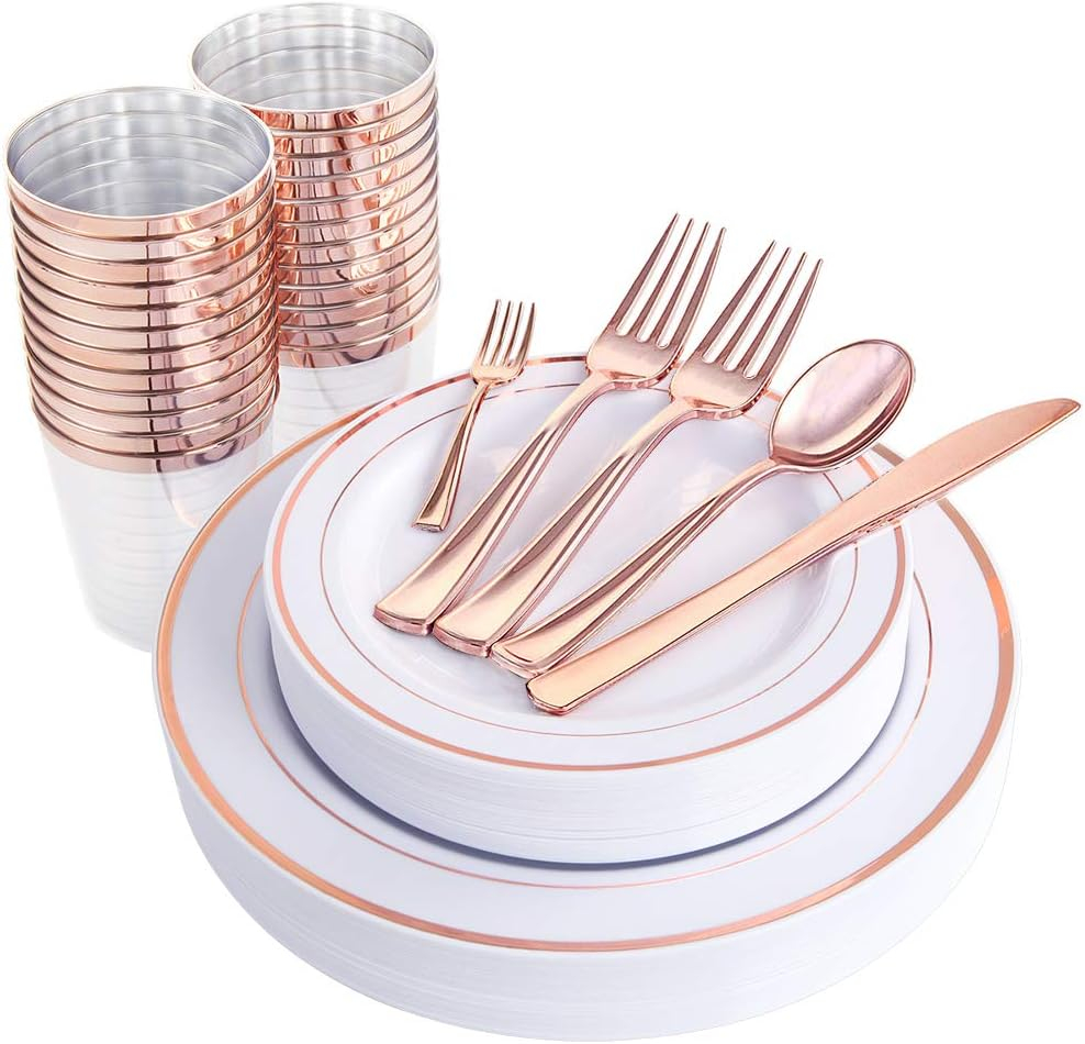Rose Gold Glossy Plastic Dinnerware Set for 25 Guests