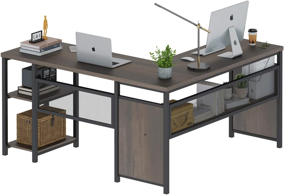 FATORRI L Shaped Computer Desk, Industrial Home Office Desk with Shelves, Reversible Wood and Metal Corner Desk (Walnut Brown, 59 Inch)