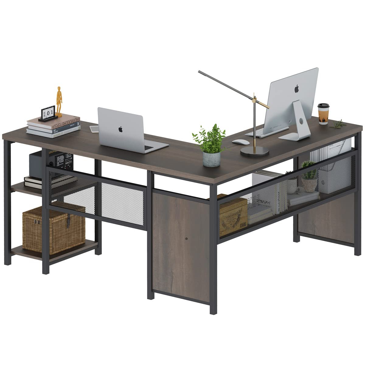 FATORRI L Shaped Desk, Industrial Reversible Home Office Computer Desk with Wood Shelves, Corner Desks with Metal Legs (Walnut Brown, 59 Inch)