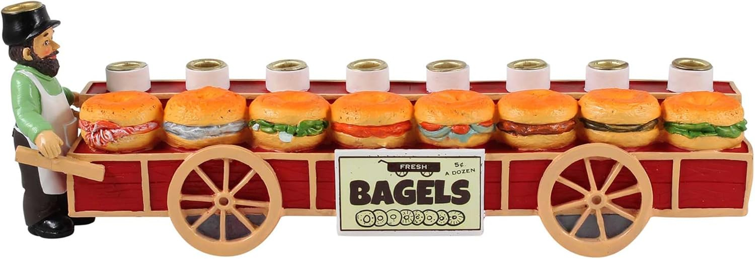 Zion Judaica Bagels and Lox Menorah - Merchant and Sandwiches Cart Collectible Candle Menorah - Fits Standard Size Hanukkah Candles