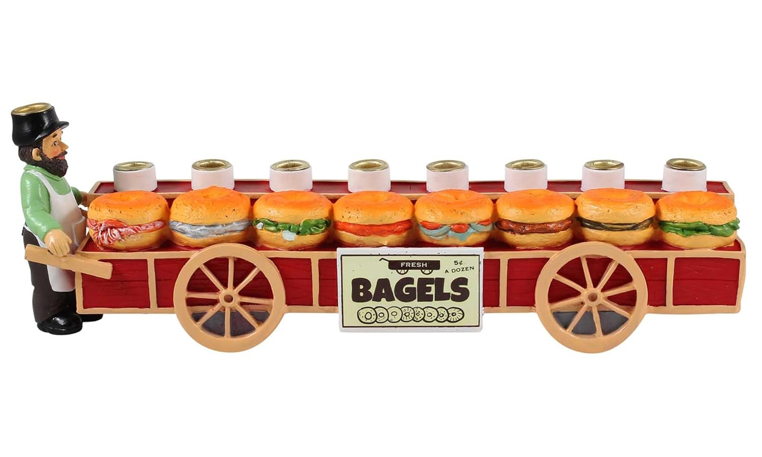 Zion Judaica Bagels and Lox Menorah - Merchant and Sandwiches Cart Collectible Candle Menorah - Fits Standard Size Hanukkah Candles
