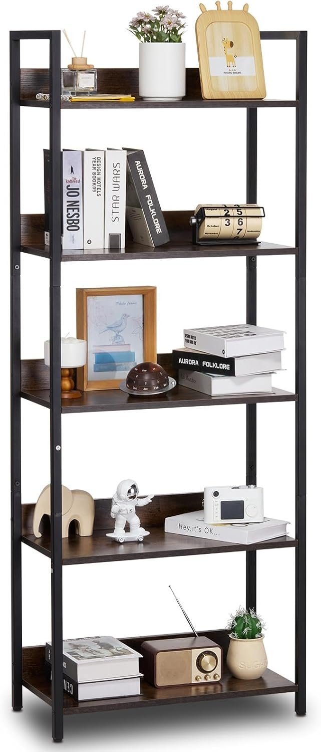 VEVOR Metal Bookshelf, 5-Tier Tall Industrial Bookshelf, Rustic Display Vintage Storage Bookcase with Open Shelves, Freestanding Display Shelving Unit Storage Rack, for Living Room, Bedroom & Office