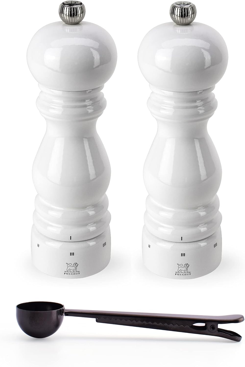 White Lacquered Wood Salt & Pepper Mill Set with Stainless Steel Scoop