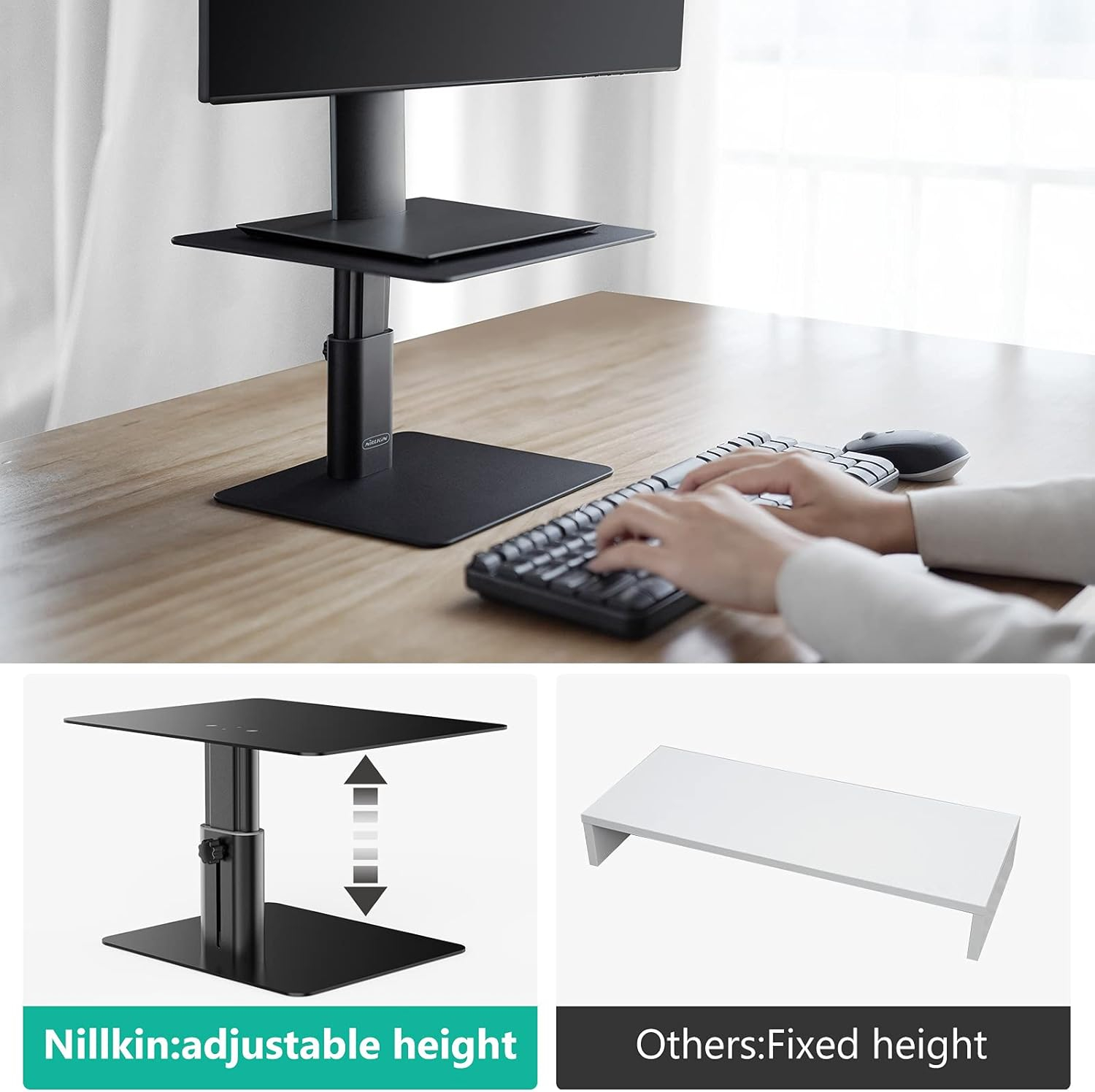 Nillkin Monitor Stand Riser for Desk, Adjustable Height Computer Monitor Stand, Ergonomic Aluminum Computer Desk Holder for iMac,MacBook, Dell, HP, Lenovo and Other Screen Display, Black