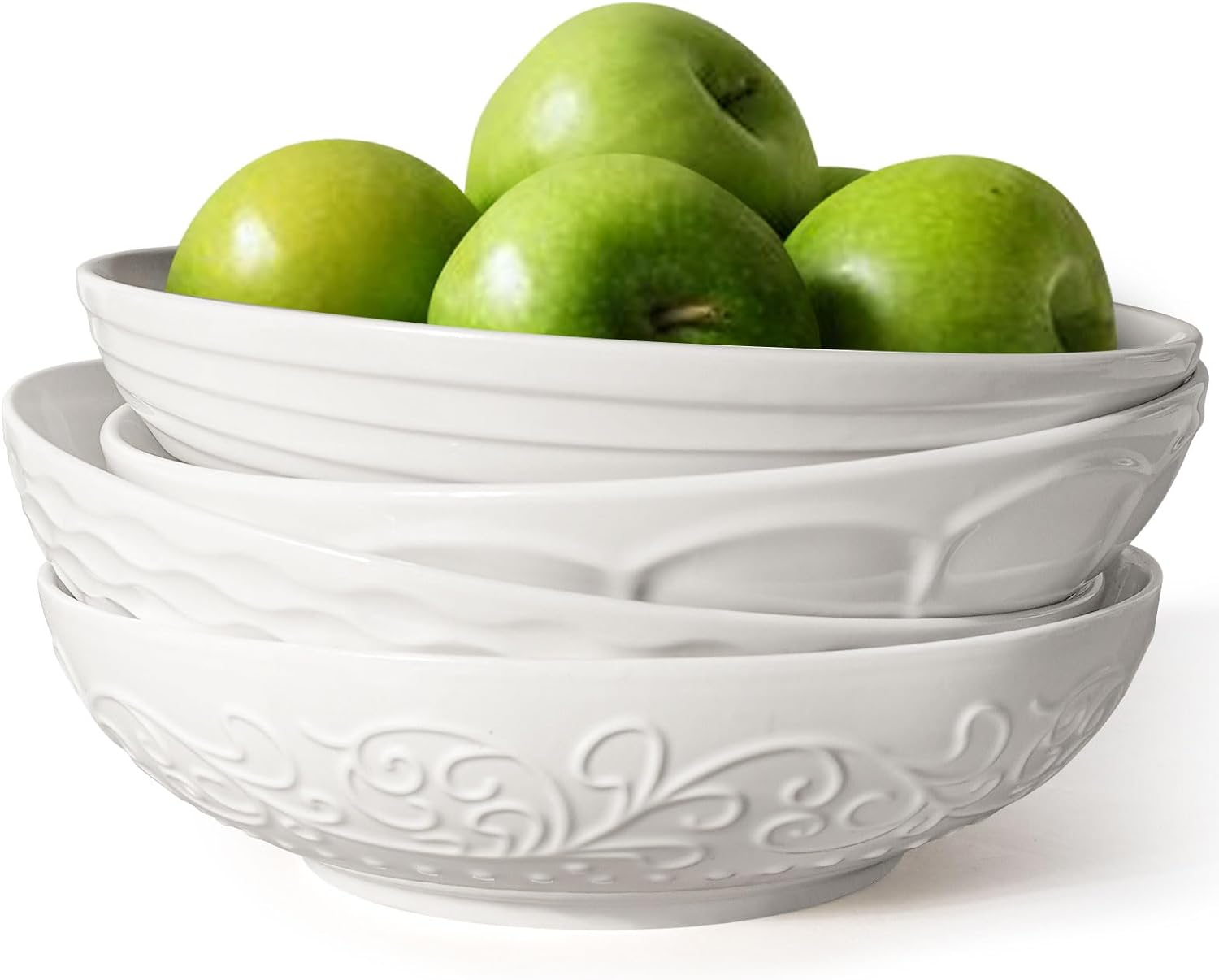 Artena Pasta Bowls 32oz, Ceramic Large Salad Bowls 8 inch, White Embossed Soup Bowl Set of 4 for Serving, Entertaining, Dinner Spaghetti, Wide Shallow, Microwave Dishwasher Oven Safe
