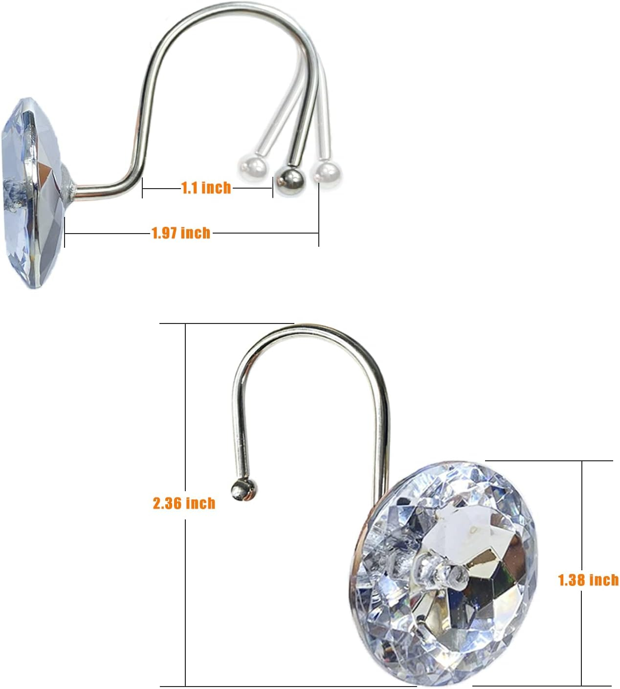 Clear Acrylic Rhinestone Stainless Steel Shower Curtain Hooks Set