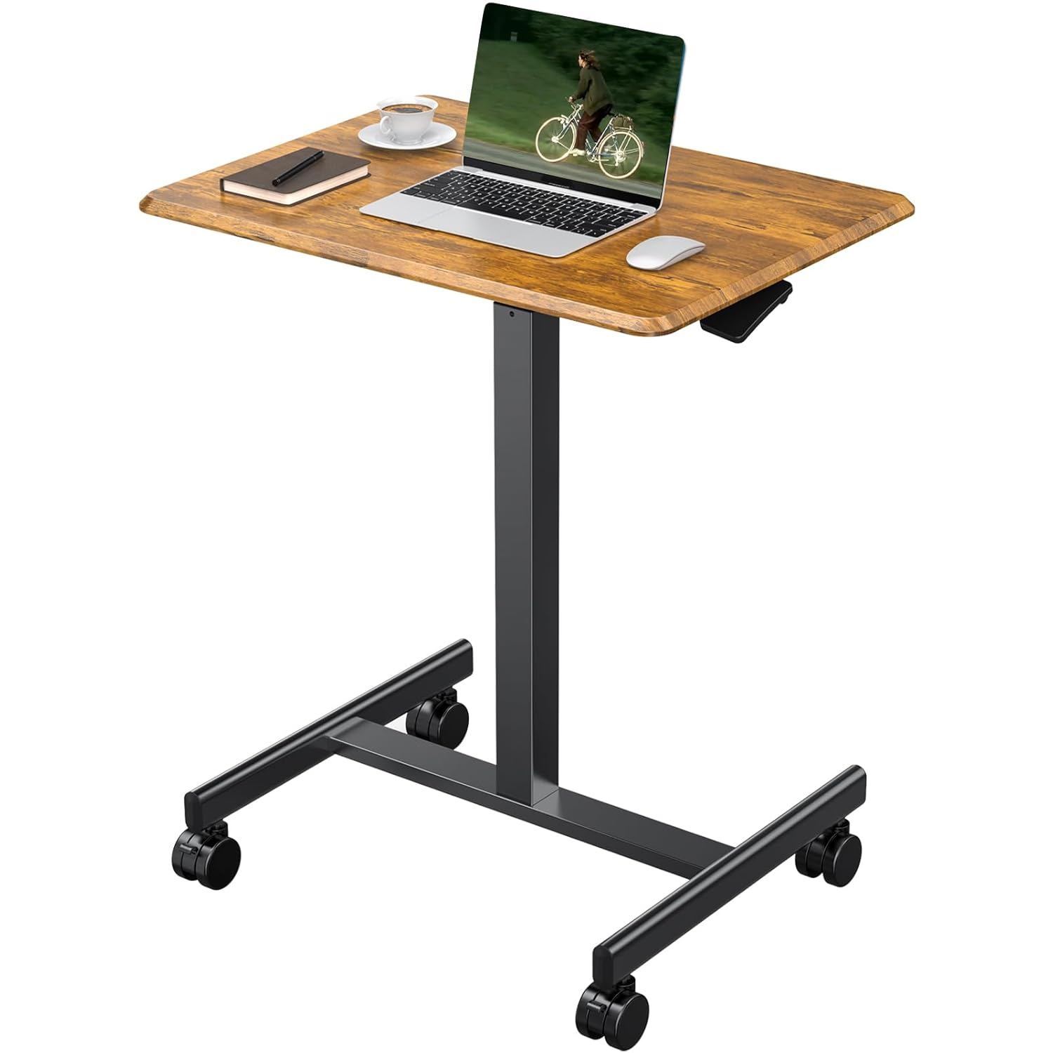 DUMOS Small Standing Desk Mobile Portable Rolling Laptop PC Table on Wheels Adjustable Height Computer Workstation for Home Office, 19 Inch, Brown