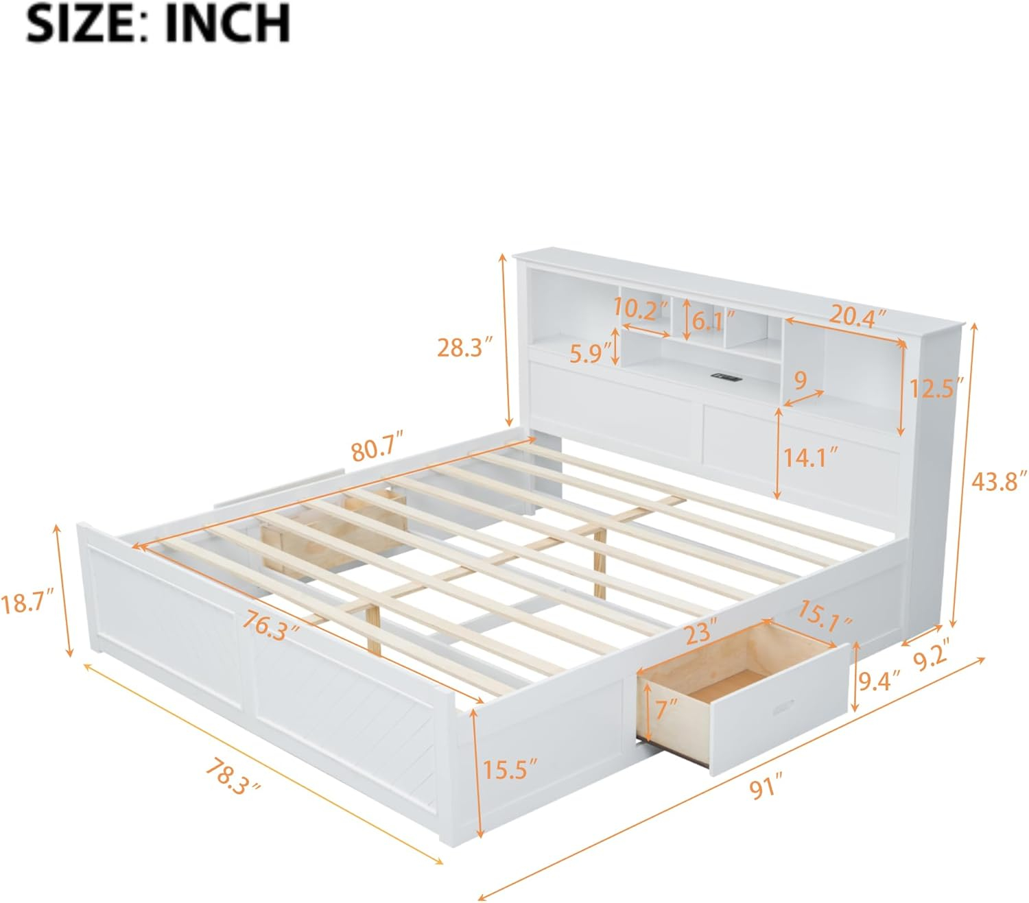 Harper & Bright Designs King Size Platform Bed with Bookcase Headboard and Storage Drawers, Wood King Storage Bed Frame with USB for Boys Girls Adults, White