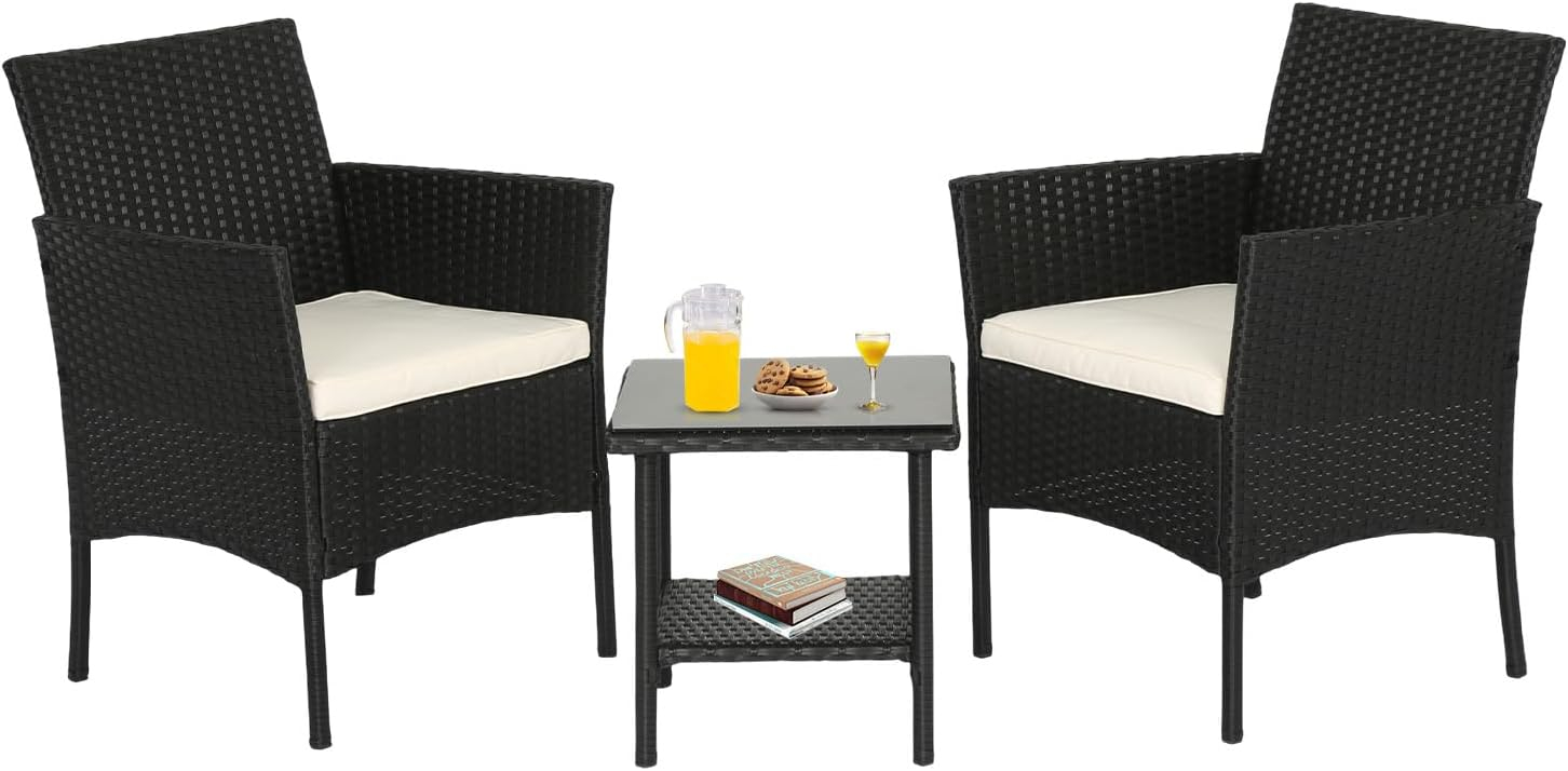 Black and Beige Wicker Rattan Patio Bistro Set with Cushions