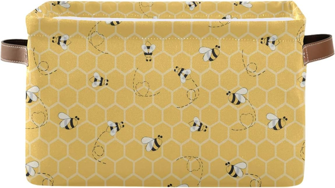 Storage Basket Cube Yellow Animal Bee Honey Comb Large Collapsible Toys Storage Box Bin Laundry Organizer for Closet Shelf Nursery Kids Bedroom,15x11x9.5 in,1 Pack