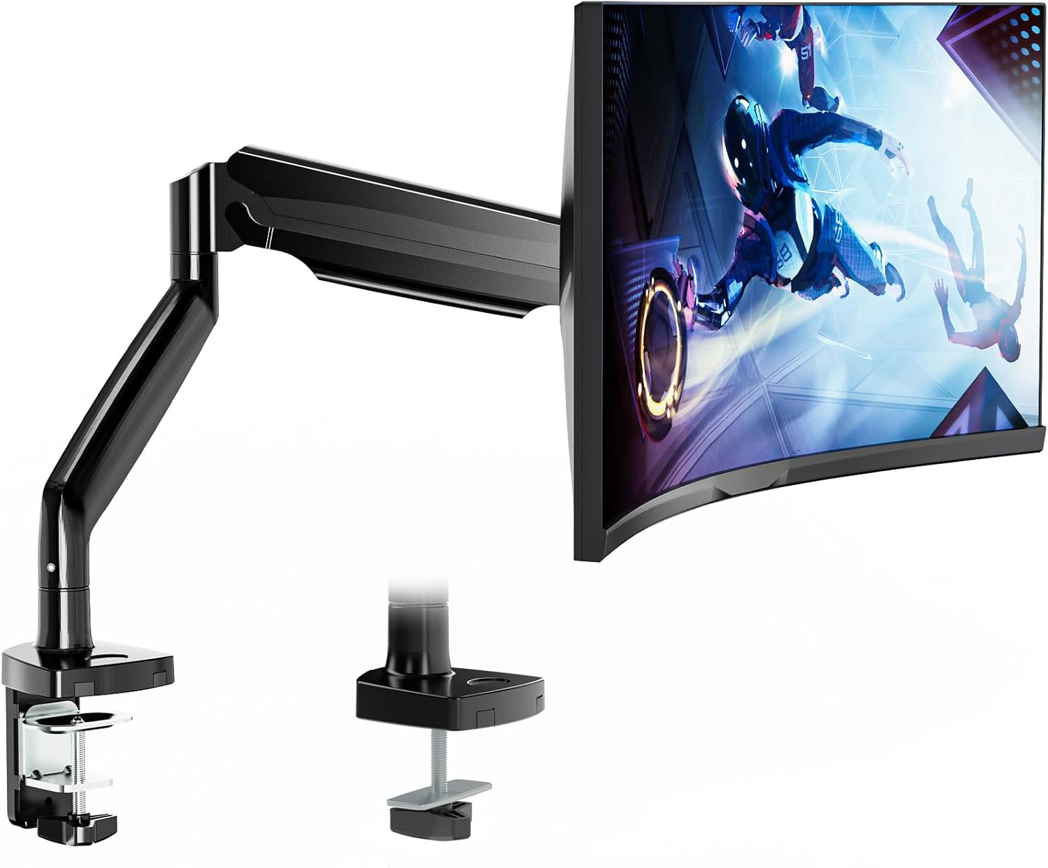 WALI Single Monitor Arm, Gas Spring Single Monitor Mount up to 35 inches and 26.4 lbs, Heavy Duty Monitor Arm Desk Mount, Ultrawide Monitor Mount Desk with C Clamp and Grommet Base (GSMP001XL), Black