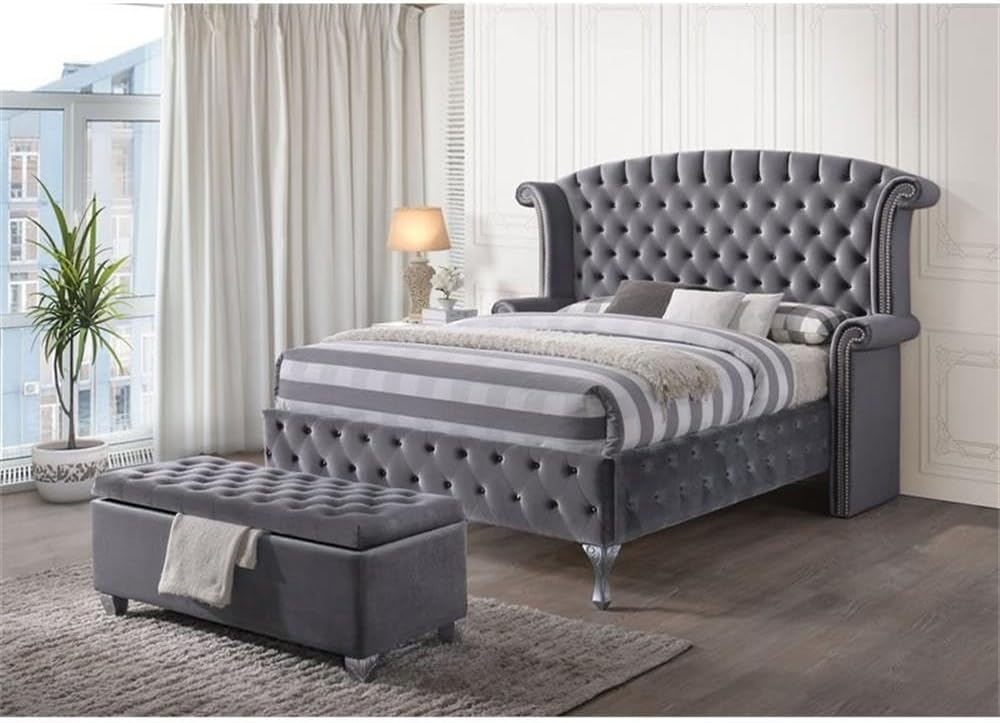 ACME Rebekah Fabric Tufted Upholstered Bench with Storage in Gray