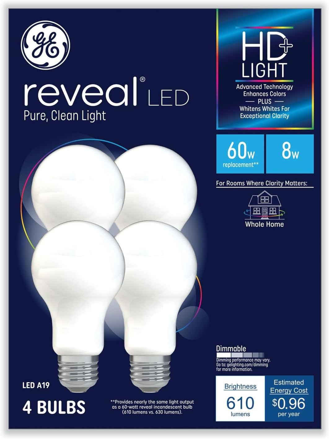 GE Reveal Hd+ Led A19 Light Bulb, 8 W, 4/pack 93129439