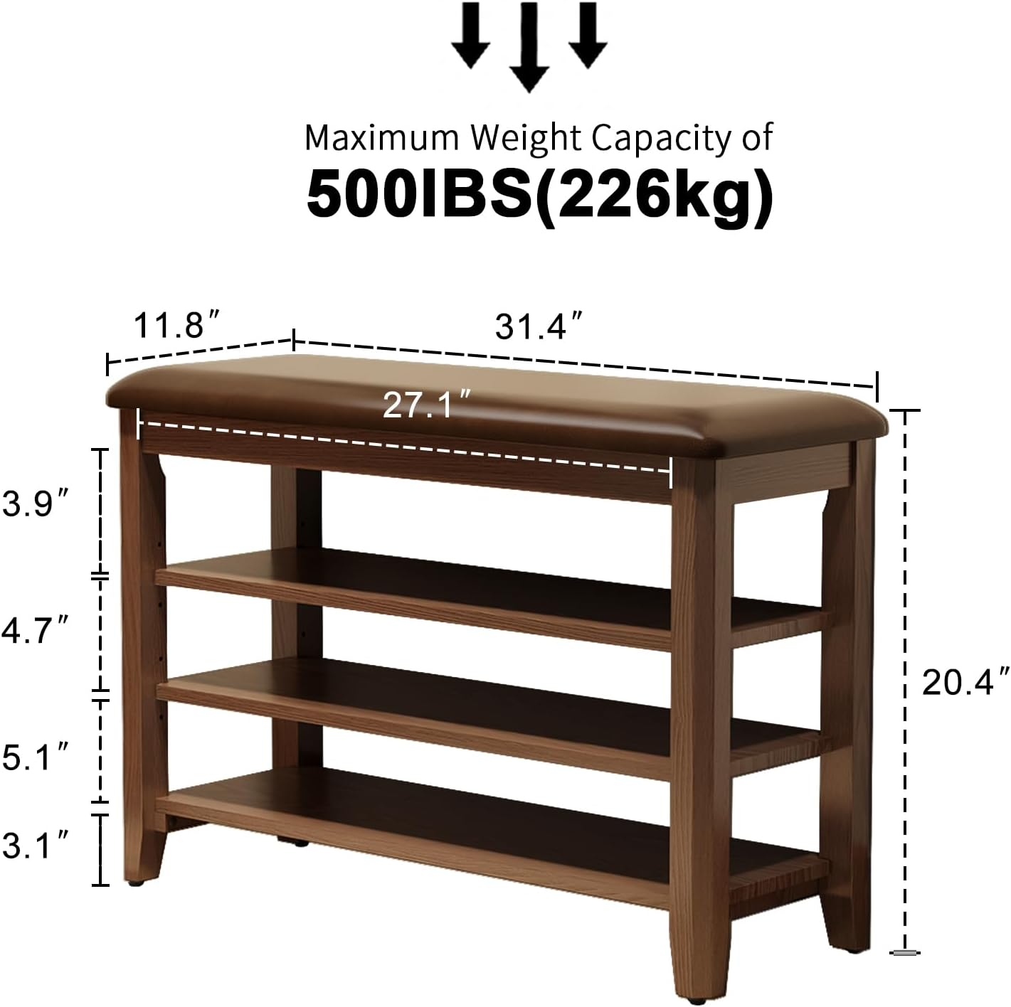 Shoe Bench with Leather Cushion, 3 Tiers Shoe Storage Bench, Walnut Wood Entryway Bench