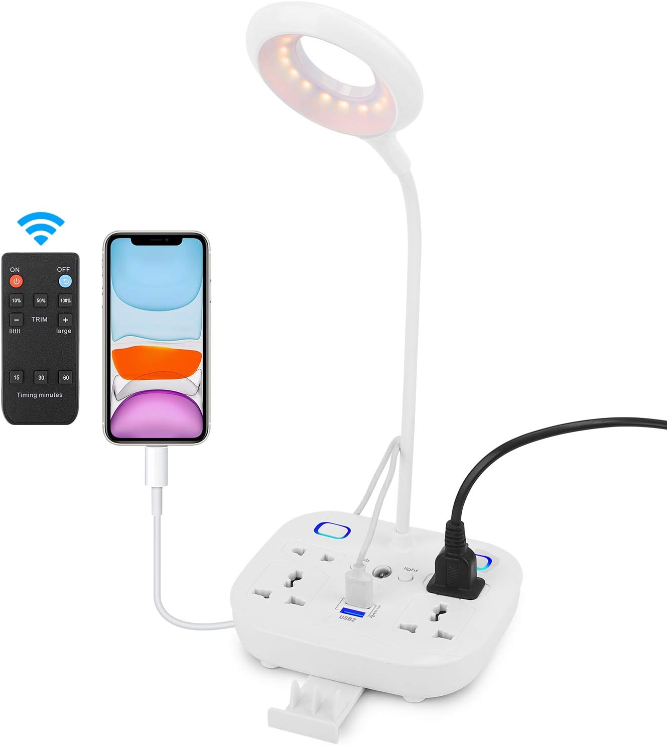 LED Desk Lamp, Adjustable Table Light with Remote Control, Eye-Caring Dimmable Office Lamp with 2 USB Charging Ports, 4 AC Power Outlets, Phone Stand, Multi Brightness Levels (White)