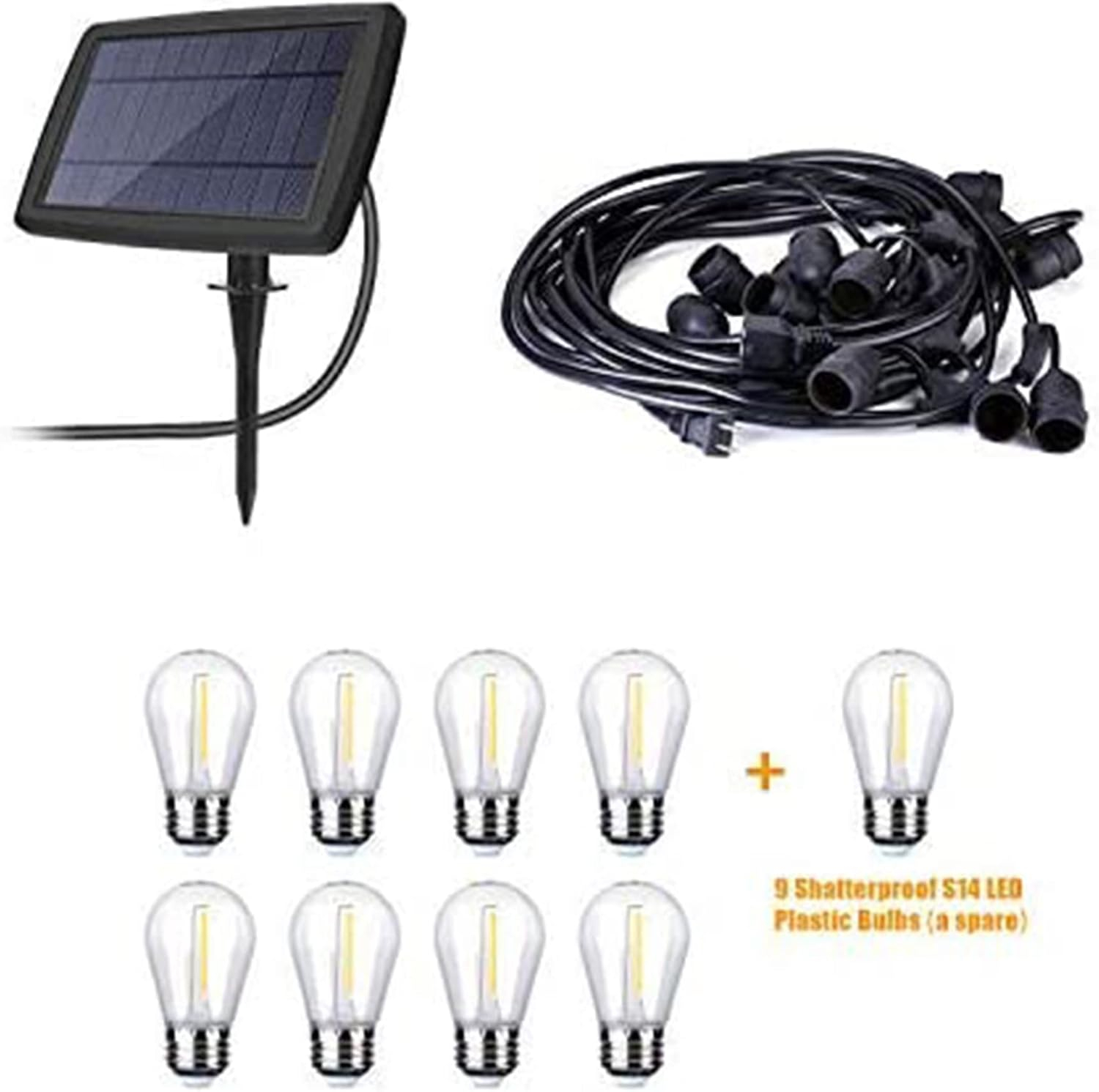 Banord LED 24 Foot Solar Powered String Lights with Vintage Style Waterproof, Shatterproof Plastic Bulbs for Exterior Decoration and Outdoor Use