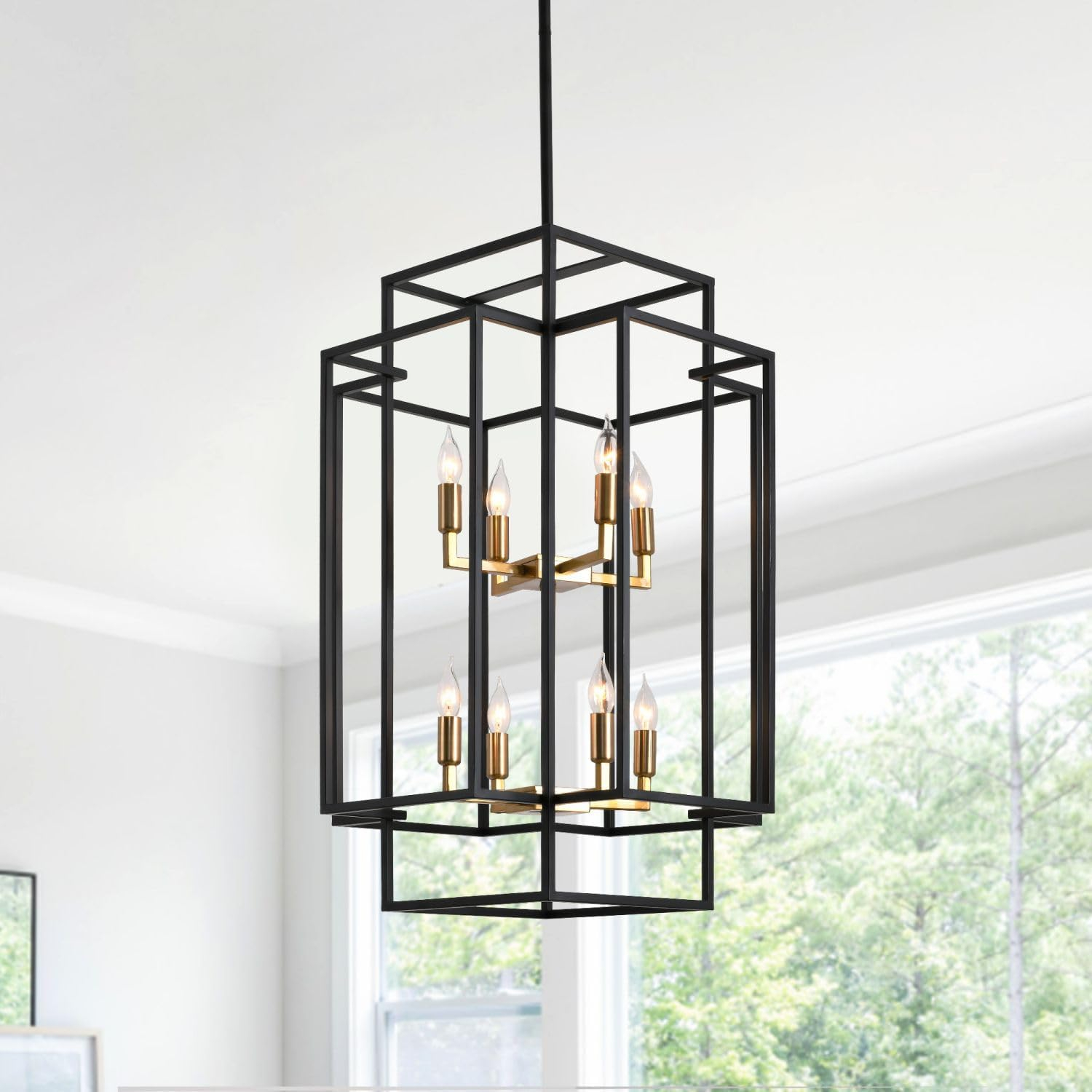 8-Light Lantern Tiered Pendant Light Fixtures, Black Metal Farmhouse Chandelier Hall Foyer Hanging Chandelier for Kitchen Island Dining Room Living Room Foyer Entryway, Black+Gold