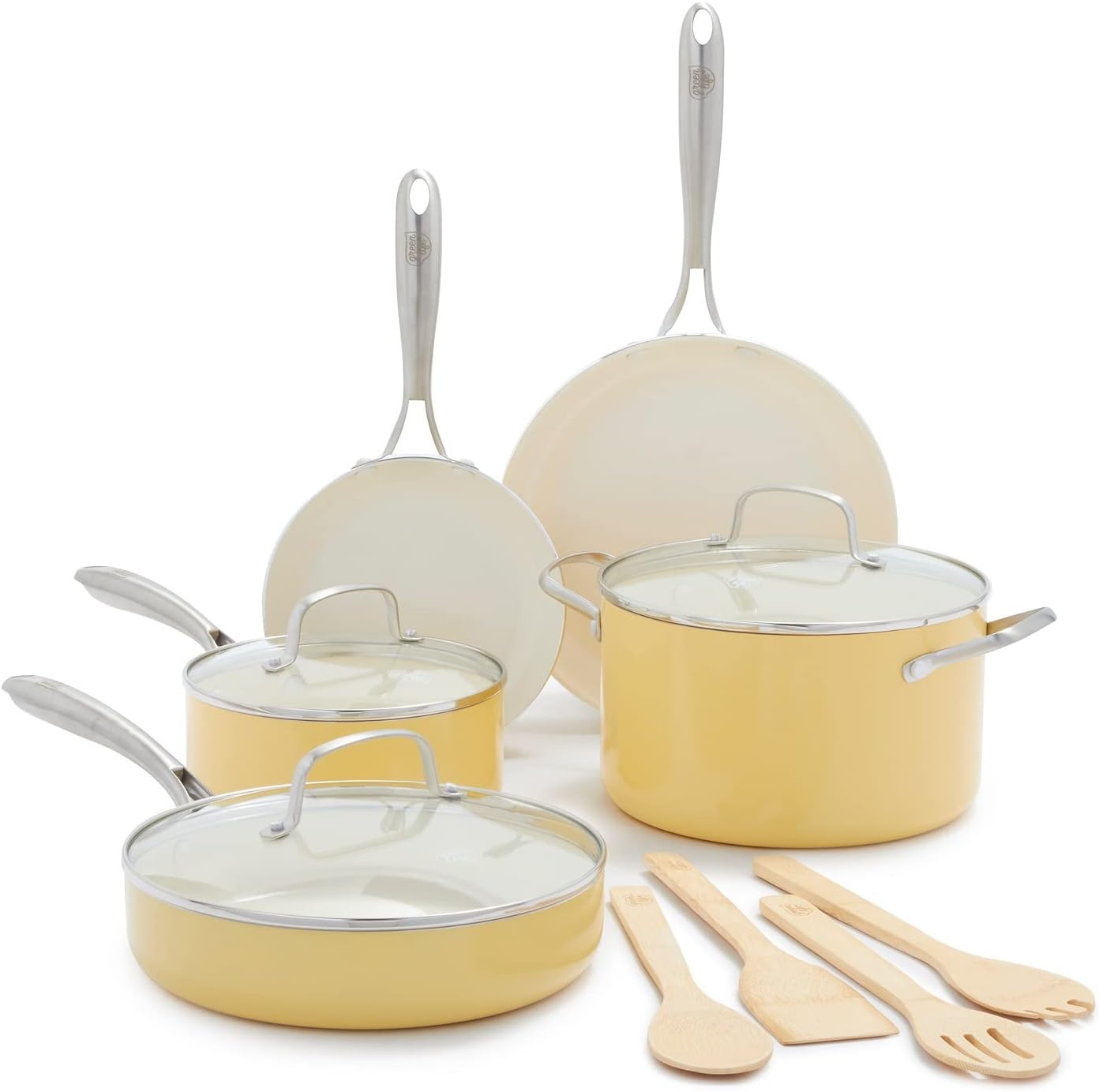 GreenLife Artisan Healthy Ceramic Nonstick, 12 Piece Cookware Pots and Pans Set, Stainless Steel Handle, PFAS-Free, Dishwasher Safe, Oven Safe, Yellow