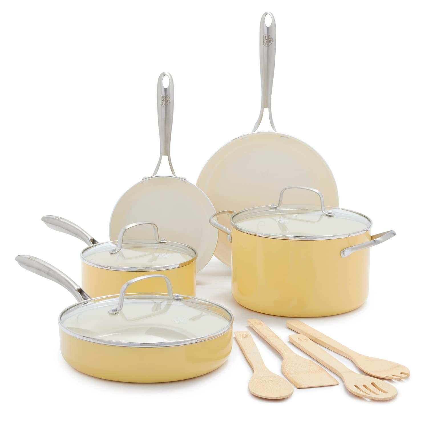 GreenLife Artisan Healthy Ceramic Nonstick, 12 Piece Cookware Pots and Pans Set, Stainless Steel Handle, PFAS-Free, Dishwasher Safe, Oven Safe, Yellow